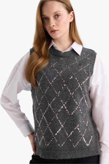 Regular Fit Bisiklet Yaka Nakışlı Triko Süveter