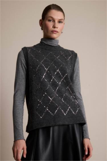 Regular Fit Crew Neck Embroidered Knitwear Vest