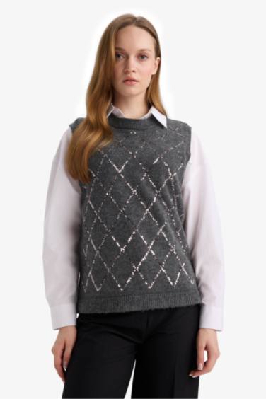 Regular Fit Bisiklet Yaka Nakışlı Triko Süveter