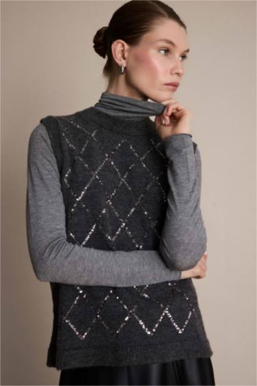 Regular Fit Crew Neck Embroidered Knitwear Vest