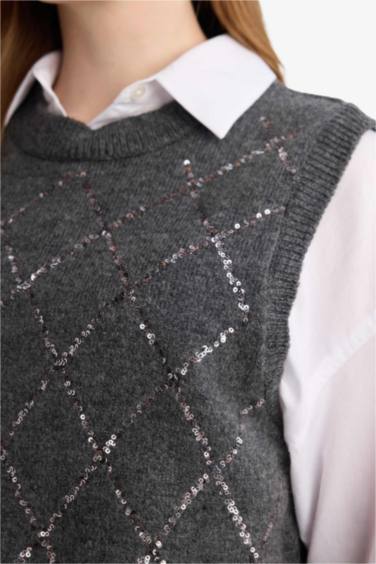 Regular Fit Bisiklet Yaka Nakışlı Triko Süveter