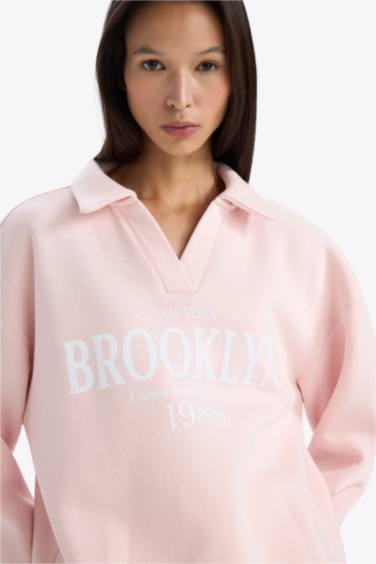 Relax Fit Polo Yaka Baskılı Kalın Sweatshirt