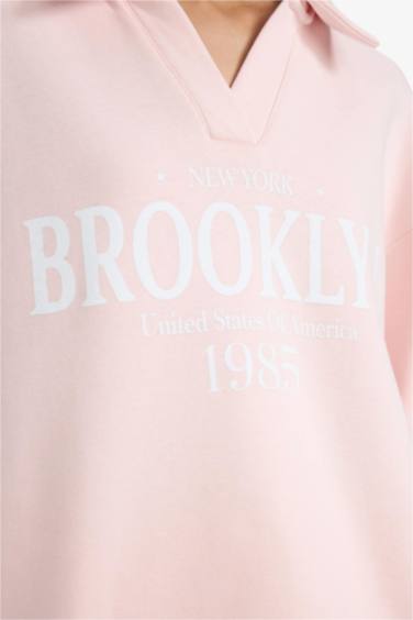 Relax Fit Polo Yaka Baskılı Kalın Sweatshirt