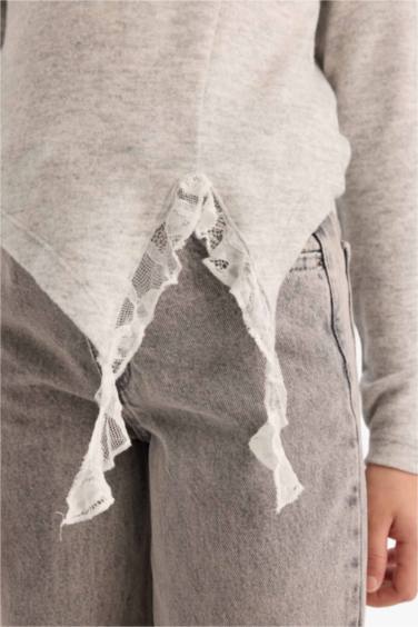 تيشيرت بناتي ردن طويل مضلع سليم فيت