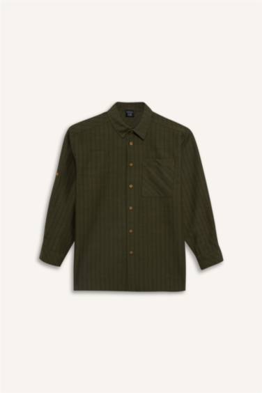 Ұлдарға арналған Oversize қайырма жағалы жолақты поплин ұзын жеңді жейде