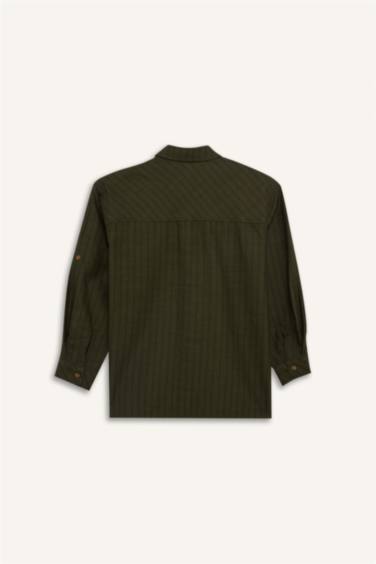 Ұлдарға арналған Oversize қайырма жағалы жолақты поплин ұзын жеңді жейде