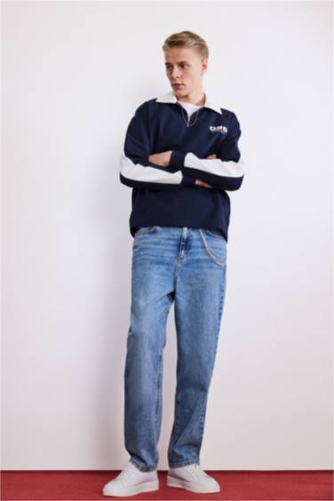 Boxy Fit Polo Yaka Yarım Fermuarlı Baskılı Sweatshirt