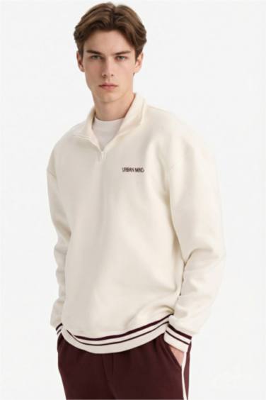 Boxy Fit Dik Yaka Yarım Fermuarlı Baskılı Sweatshirt