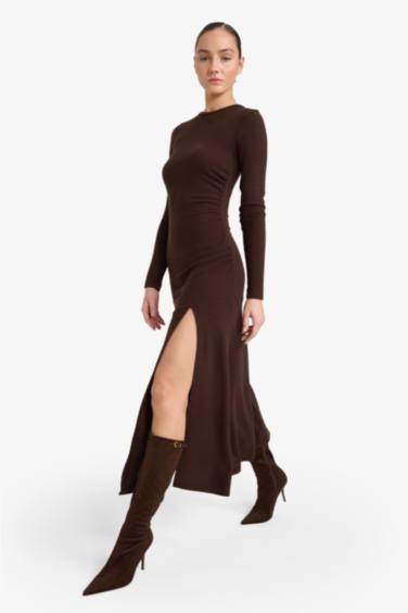 Bisiklet Yaka Yırtmaçlı Uzun Kollu Midi Elbise