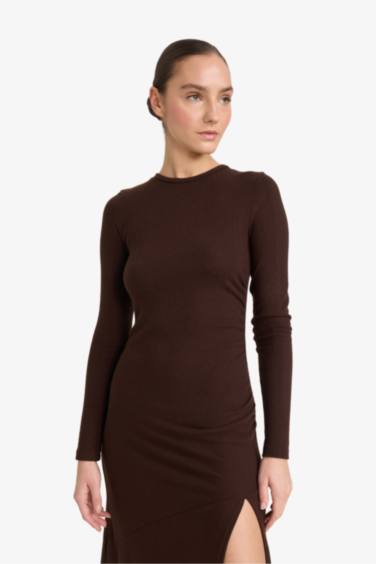 Bisiklet Yaka Yırtmaçlı Uzun Kollu Midi Elbise