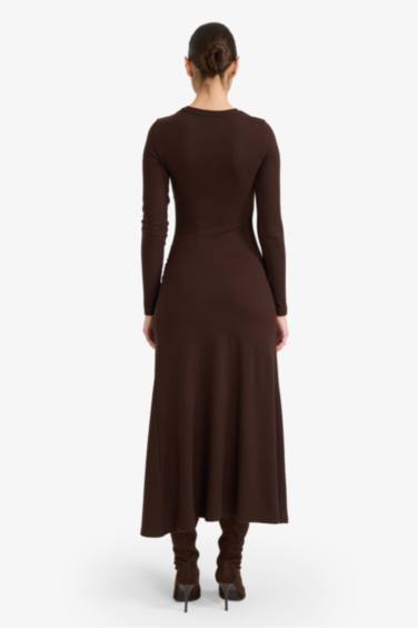 Bisiklet Yaka Yırtmaçlı Uzun Kollu Midi Elbise