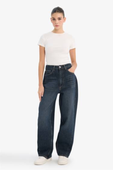 Barrel Fit Yüksek Bel Bilek Boy Jean Yıkamalı Pantolon