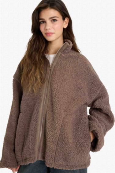 Oversize Fit High Neck Plush Cardigan