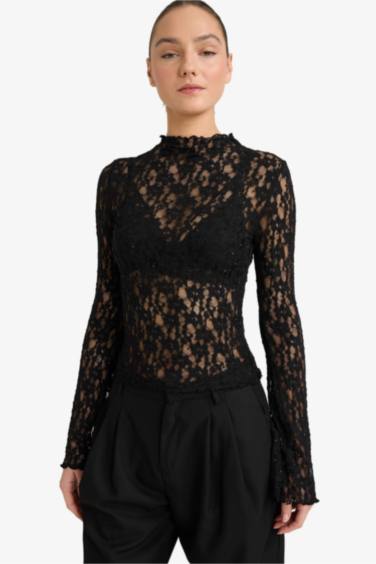 Slim Fit Half Turtleneck Lace Long Sleeve T-Shirt