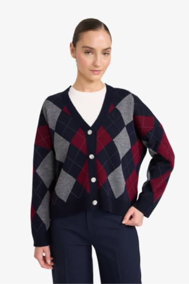 Regular Fit V Yaka Baklava Desenli Düğmeli Triko Hırka