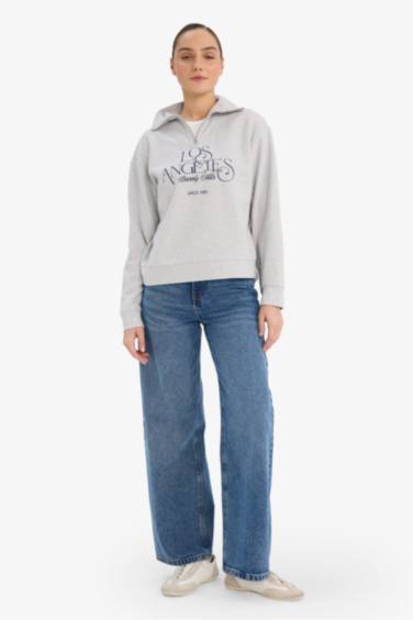 Regular Fit Yarım Fermuarlı Baskılı Sweatshirt