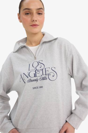 Regular Fit Yarım Fermuarlı Baskılı Sweatshirt