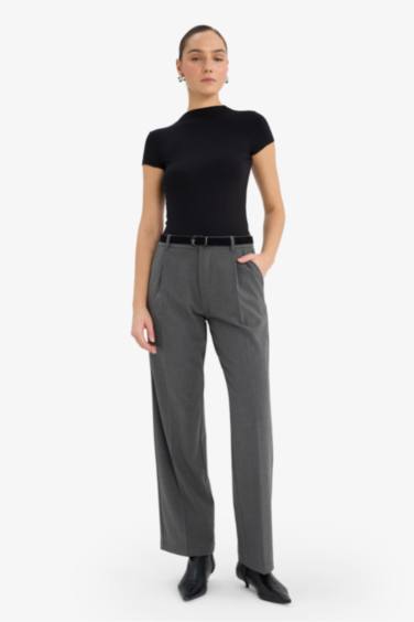 Wide Leg Çift Cepli Yüksek Bel Düz Paça Pantolon