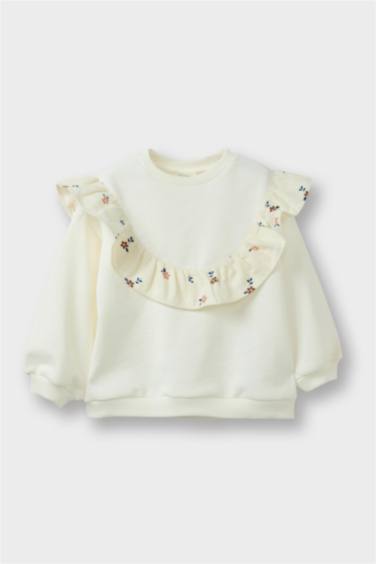 Baby Girl Overshirt Fit Crew Neck Floral Thick Fabric Sweatshirt