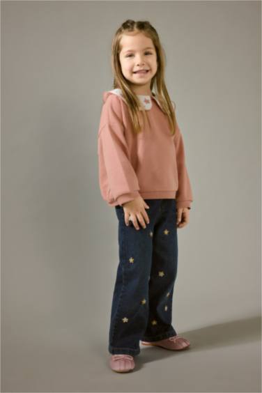 Kız Bebek Oversize Geniş Kalıp Büyük Yaka Çiçekli İçi Yumuşak Tüylü Sweatshirt