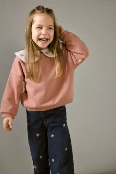 Kız Bebek Oversize Geniş Kalıp Büyük Yaka Çiçekli İçi Yumuşak Tüylü Sweatshirt