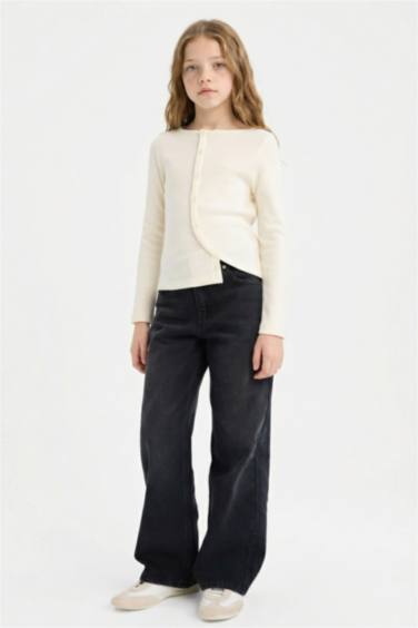 Girl Crew Neck Buttoned Long Sleeve T-Shirt