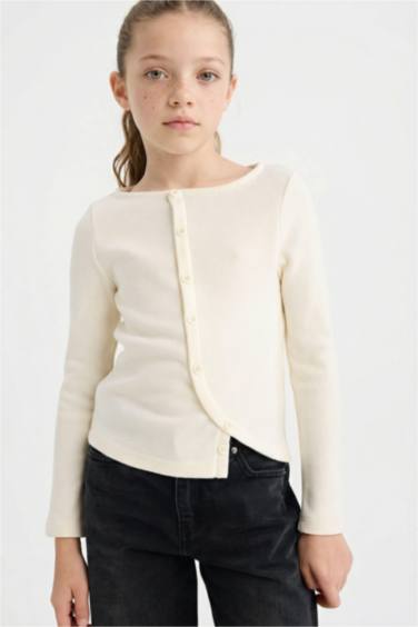 Girl Crew Neck Buttoned Long Sleeve T-Shirt