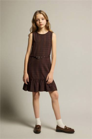 Girl Plaid Belted Sleeveless Dress