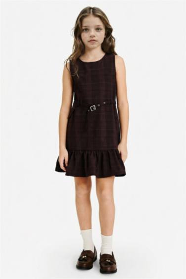 Girl Plaid Belted Sleeveless Dress