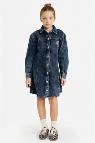 Қыздарға арналған ұзын жеңді джинс көйлек