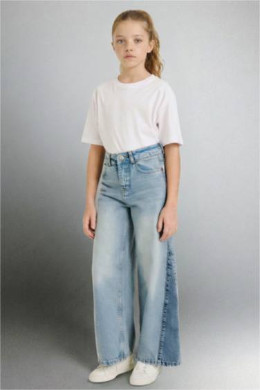 بنطرون جينز بناتي وايد ليج برجل واسع وجيب