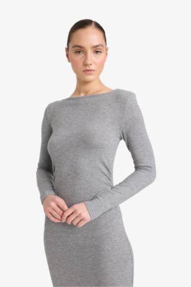 Fitted Bisiklet Yaka Penye Uzun Kollu Midi Elbise