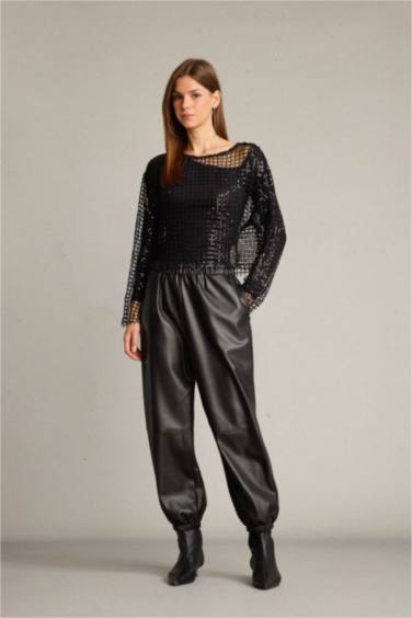 Balloon Fit Beli Lastikli Suni Deri Pantolon