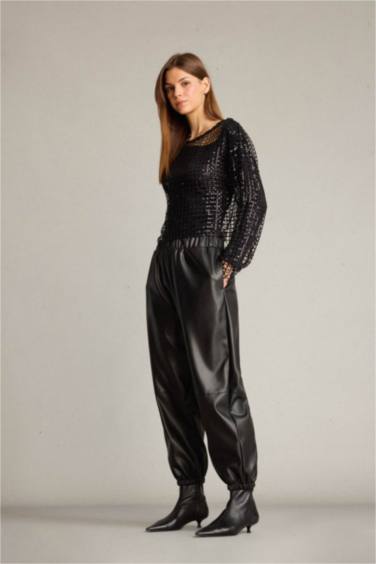 Balloon Fit Beli Lastikli Suni Deri Pantolon