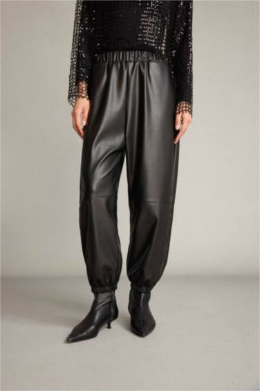 Balloon Fit Beli Lastikli Suni Deri Pantolon