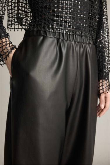 Balloon Fit Beli Lastikli Suni Deri Pantolon