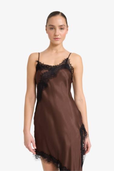 Yılbaşı Temalı V Yaka Saten Kolsuz Midi Elbise