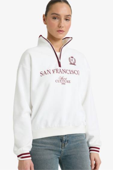 Relax Fit Polo Yaka Baskılı Kalın Sweatshirt