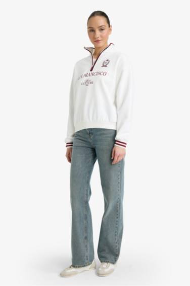 Relax Fit Polo Yaka Baskılı Kalın Sweatshirt