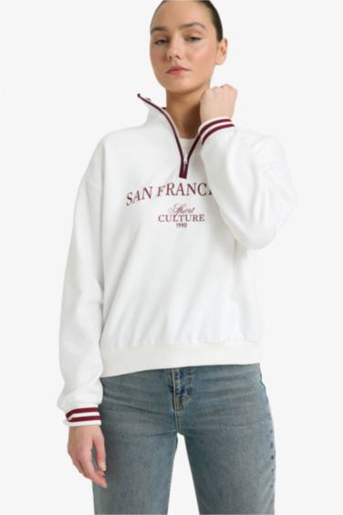 Relax Fit Polo Yaka Baskılı Kalın Sweatshirt