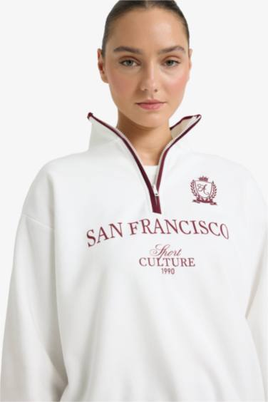 Relax Fit Polo Yaka Baskılı Kalın Sweatshirt