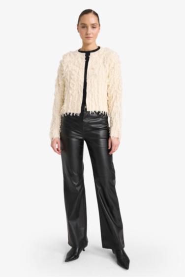 Regular Fit Bisiklet Yaka Saçaklı Triko Hırka