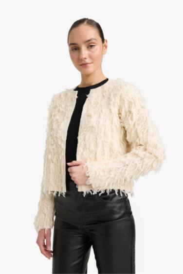 Regular Fit Bisiklet Yaka Saçaklı Triko Hırka