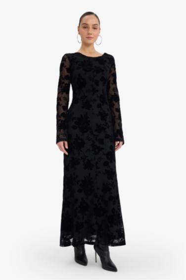 A Kesim Bisiklet Yaka Tül Uzun Kollu Elbise