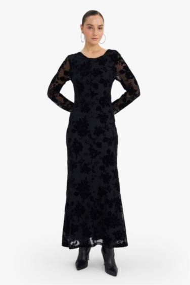 A Kesim Bisiklet Yaka Tül Uzun Kollu Elbise