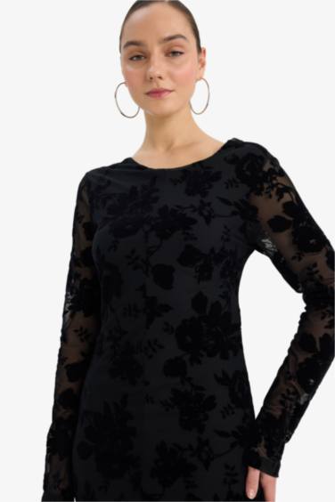 A Kesim Bisiklet Yaka Tül Uzun Kollu Elbise