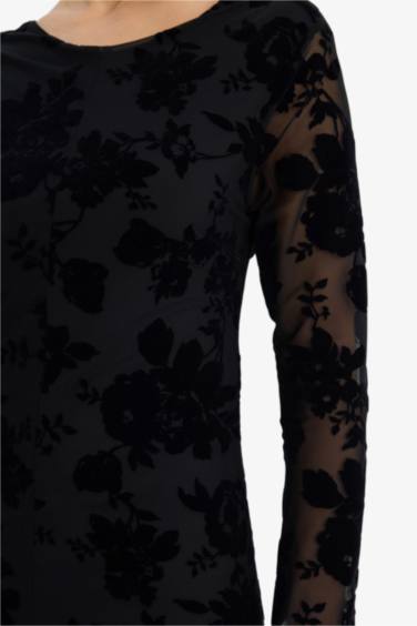 A Kesim Bisiklet Yaka Tül Uzun Kollu Elbise