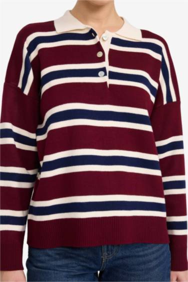 Oversize Fit Polo Collar Striped Pullover