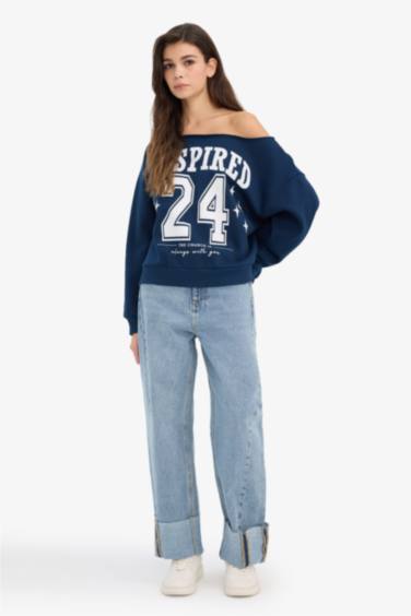 Oversize Geniş Kalıp Açık Omuz Baskılı Kalın Sweatshirt