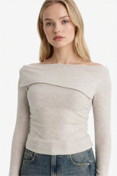 Fitted Açık Omuz Fitilli Kaşkorse Uzun Kollu Tişört